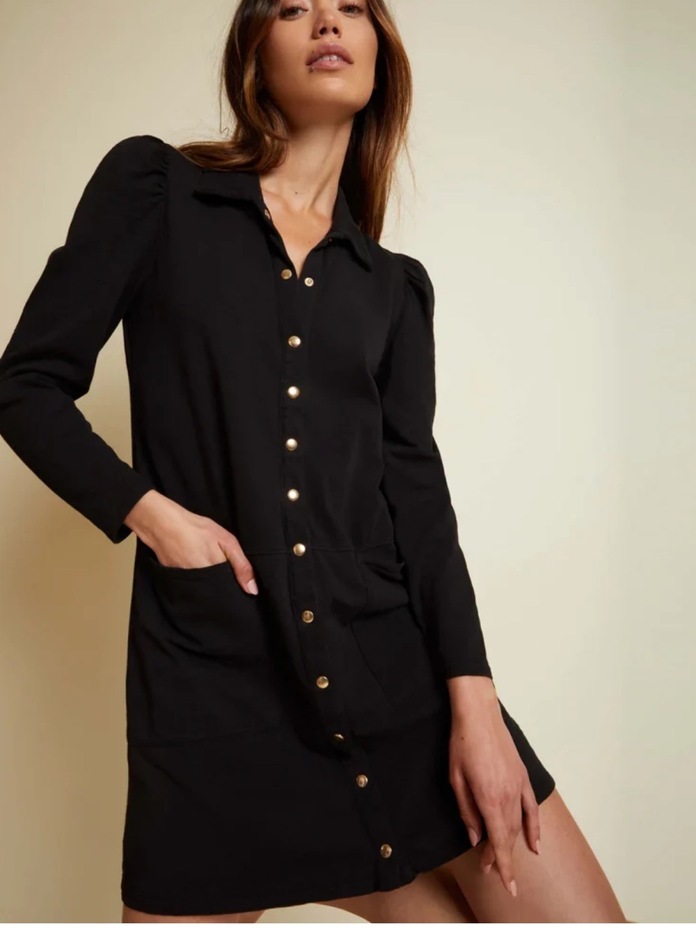 Nation LTD Black Brooks Retro Snap Front Long Sleeve Dress